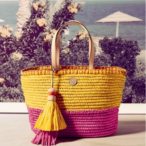 Tory Burch Handbags - Tory Burch • Pink & Yellow Straw Beach Summer Bag Tote With Tassel